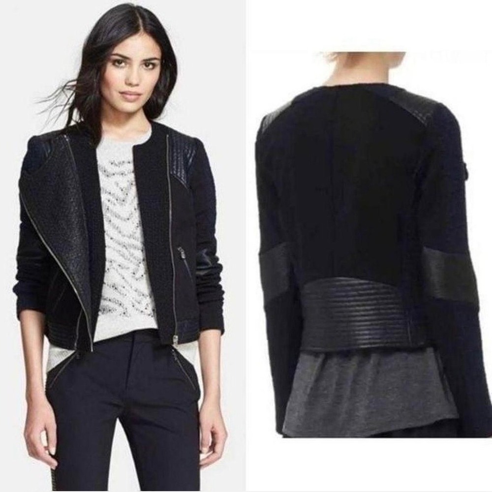 Rebecca Taylor Mixed Media Moto Jacket Navy Tweed Faux Leather Black Size 4